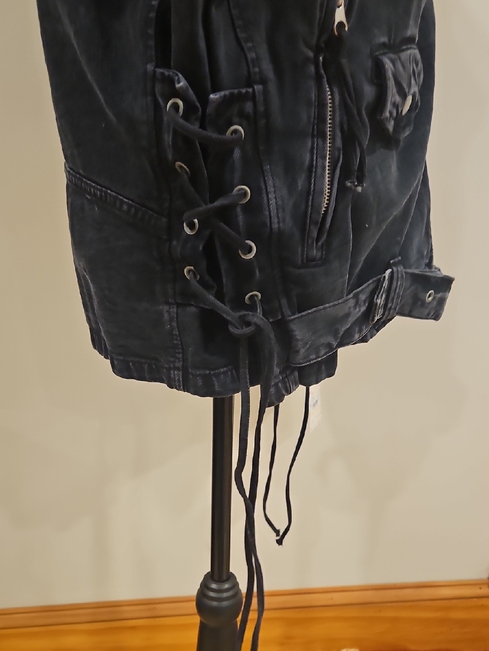 Free People Oversize Denim Motor Cycle Jacket Corsette Style Lace Sides - Picture 5 of 12